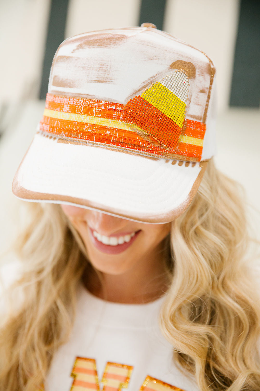 CANDY CORN WHITE TRUCKER HAT TRUCKER HAT Judith March