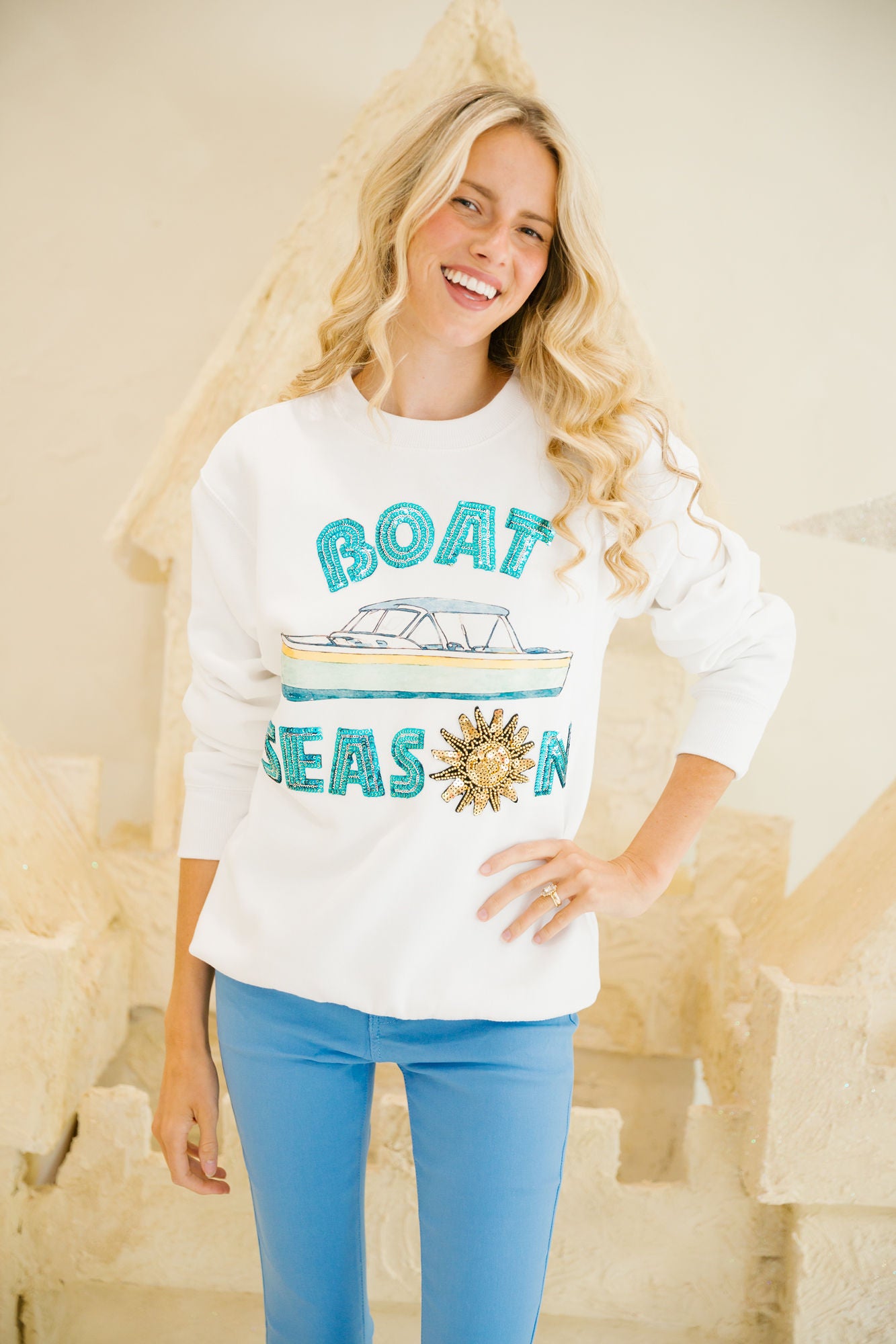 BLUE SEQUIN BOAT SEASON PULLOVER SWEATER Judith March