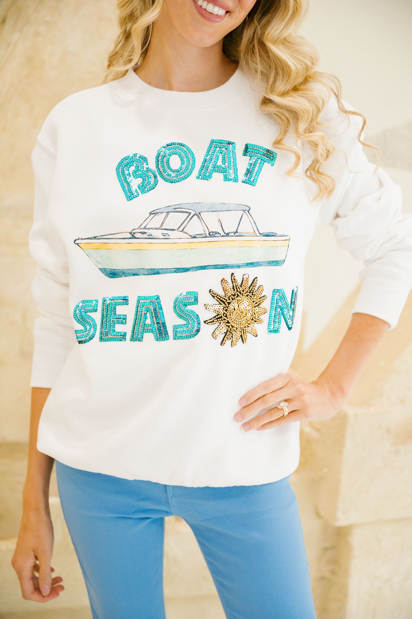 BLUE SEQUIN BOAT SEASON PULLOVER SWEATER Judith March