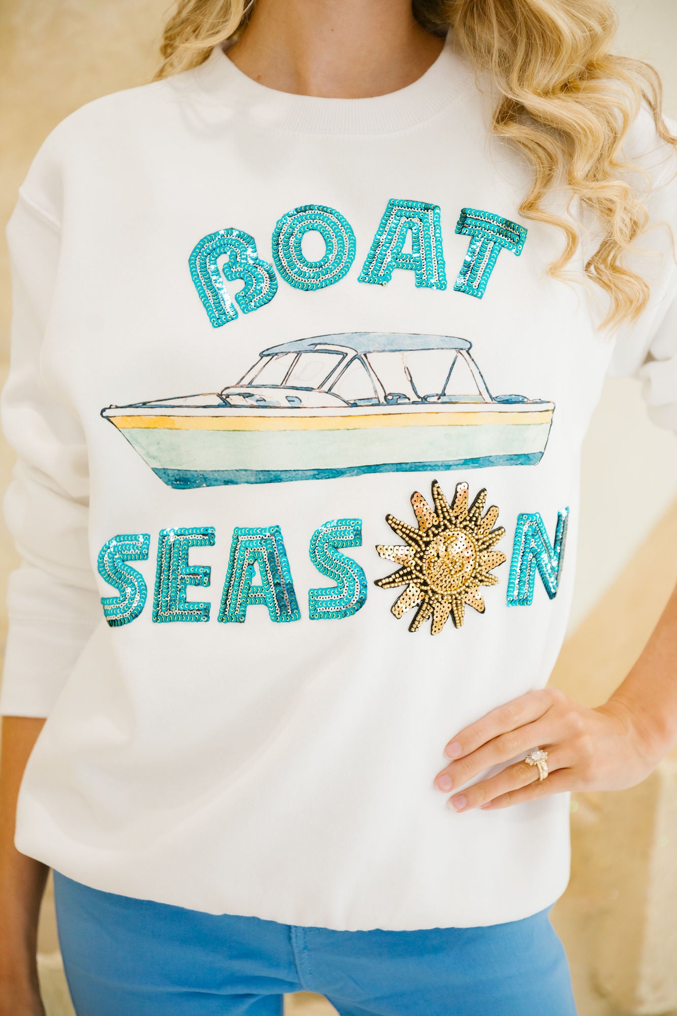BLUE SEQUIN BOAT SEASON PULLOVER SWEATER Judith March