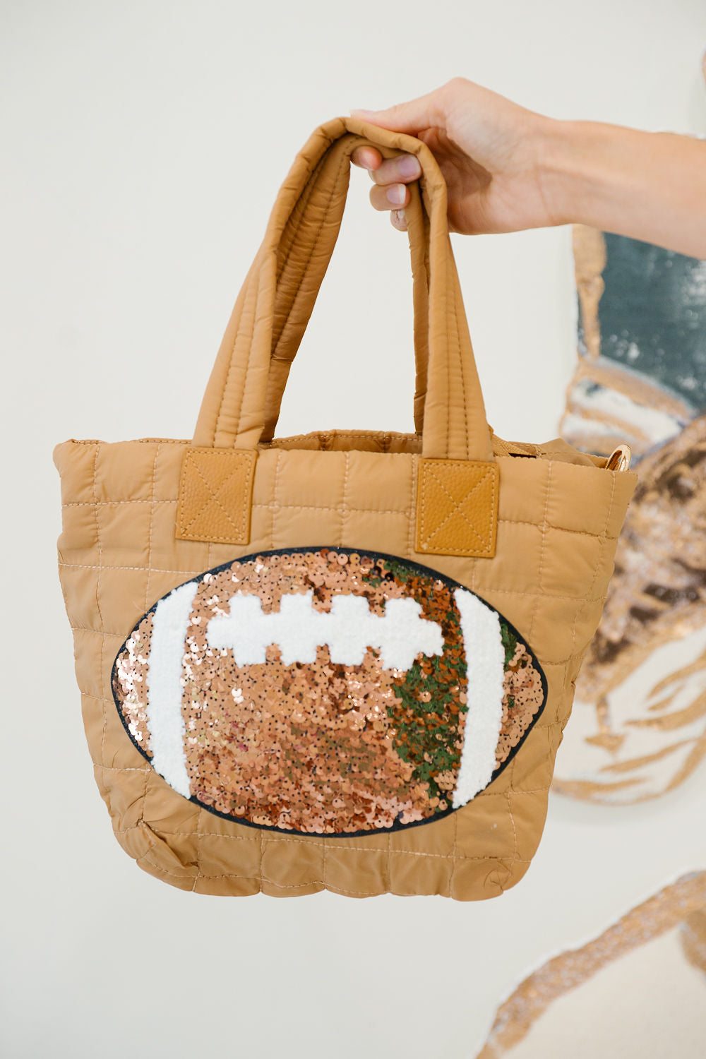 SEQUIN FOOTBALL TAN TOTE Clutch Judith March
