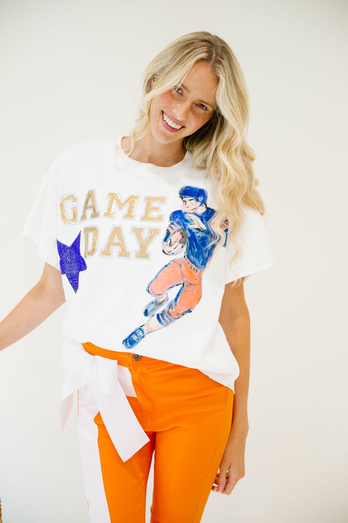 GAMEDAY HAND PAINTED GOLD SPARKLE WHITE PULLOVER