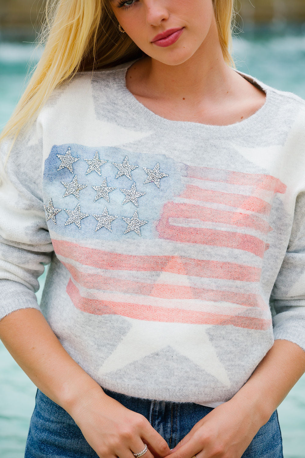WATERCOLOR FLAG GREY STAR SWEATER SWEATER Judith March   