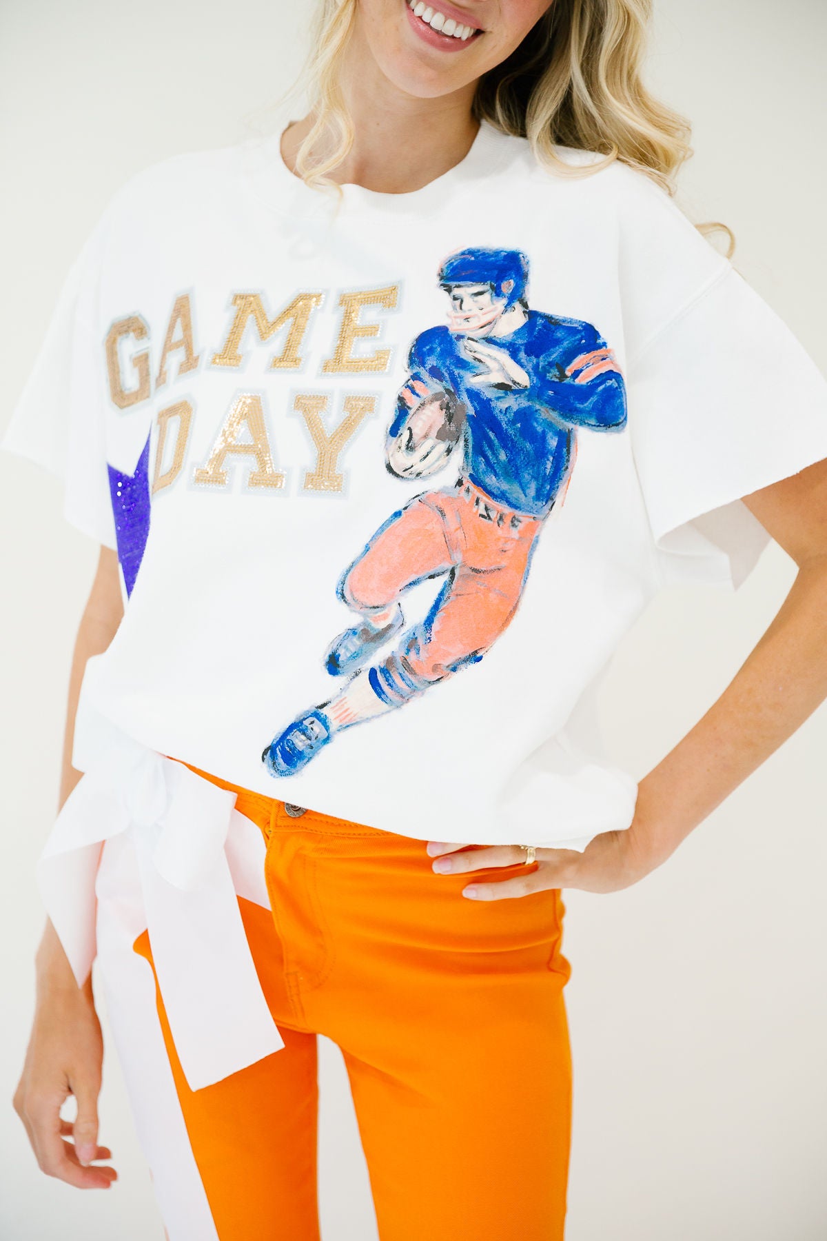 GAMEDAY HAND PAINTED GOLD SPARKLE WHITE PULLOVER