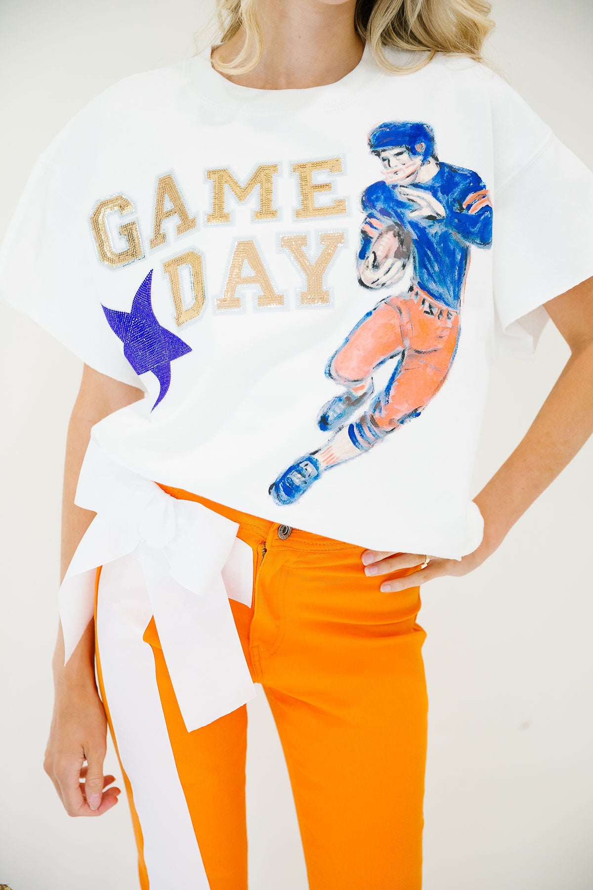 GAMEDAY HAND PAINTED GOLD SPARKLE WHITE PULLOVER