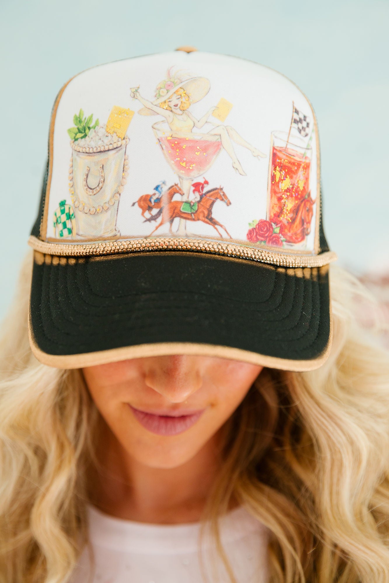 SIPS AT THE STAKES BLACK TRUCKER HAT TRUCKER HAT Judith March