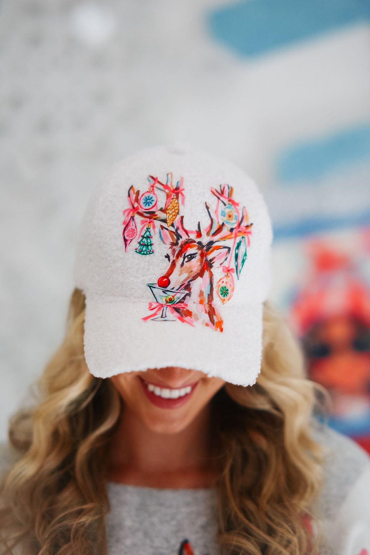 REINDEER & RIBBONS WHITE FUZZY HAT TRUCKER HAT Judith March