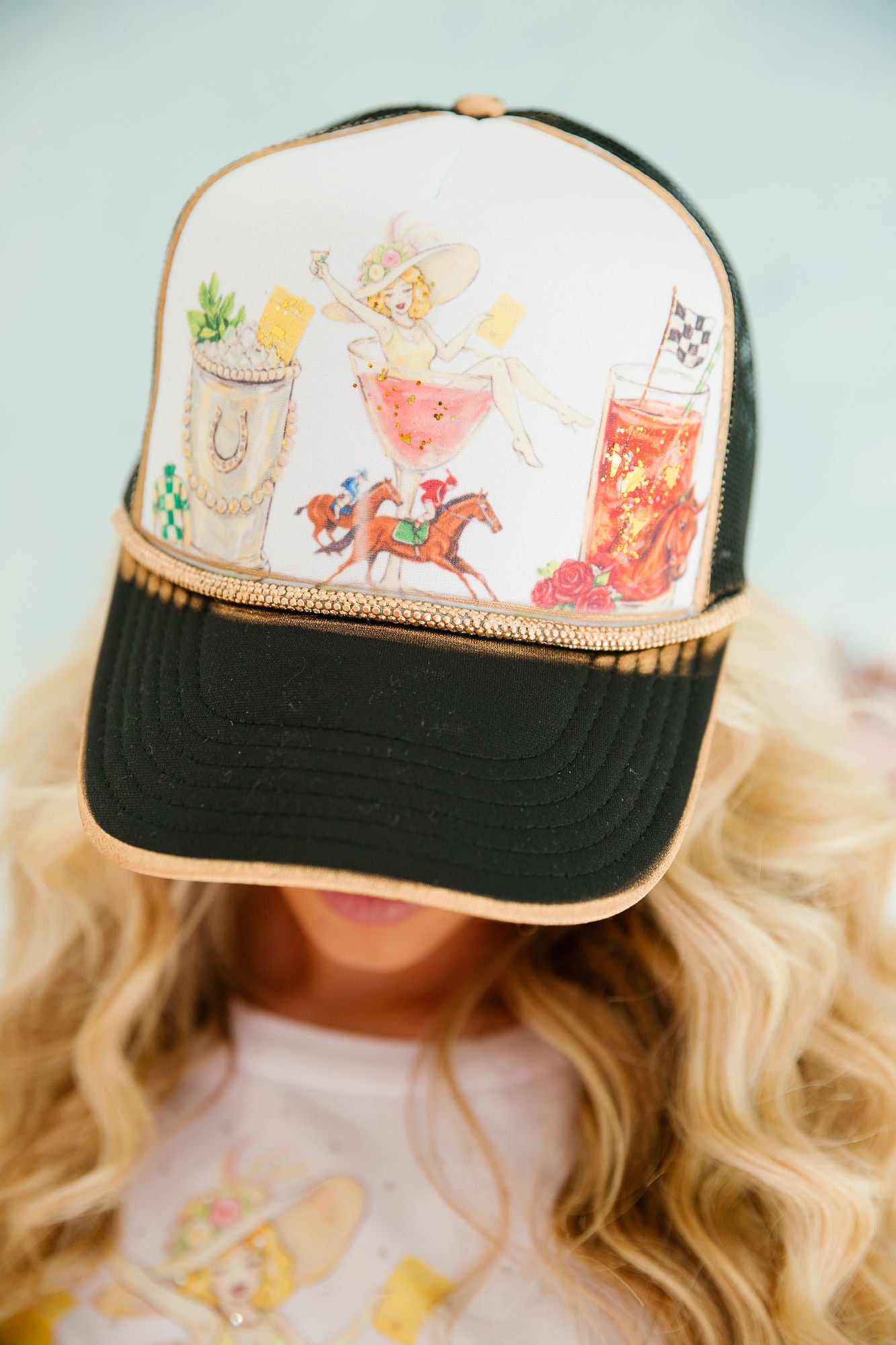 SIPS AT THE STAKES BLACK TRUCKER HAT TRUCKER HAT Judith March
