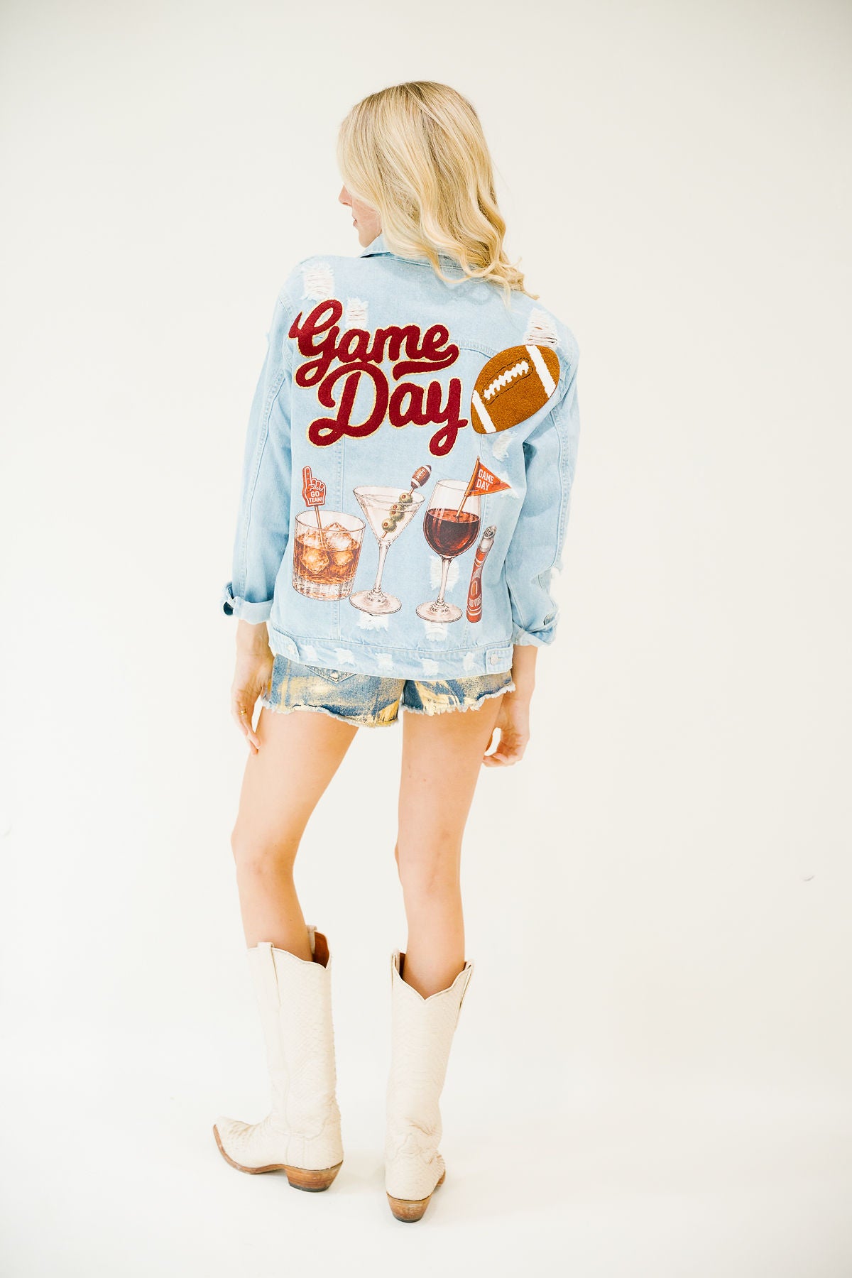 COCKTAILS & KICKOFFS DISTRESSED DENIM JACKET