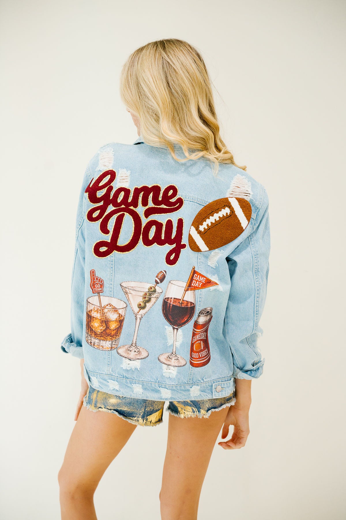COCKTAILS & KICKOFFS DISTRESSED DENIM JACKET