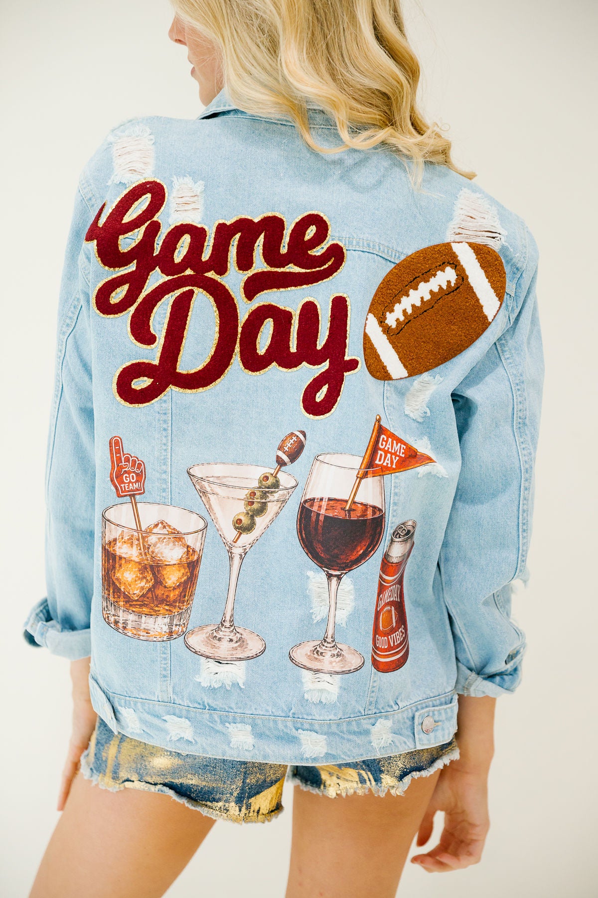 COCKTAILS & KICKOFFS DISTRESSED DENIM JACKET