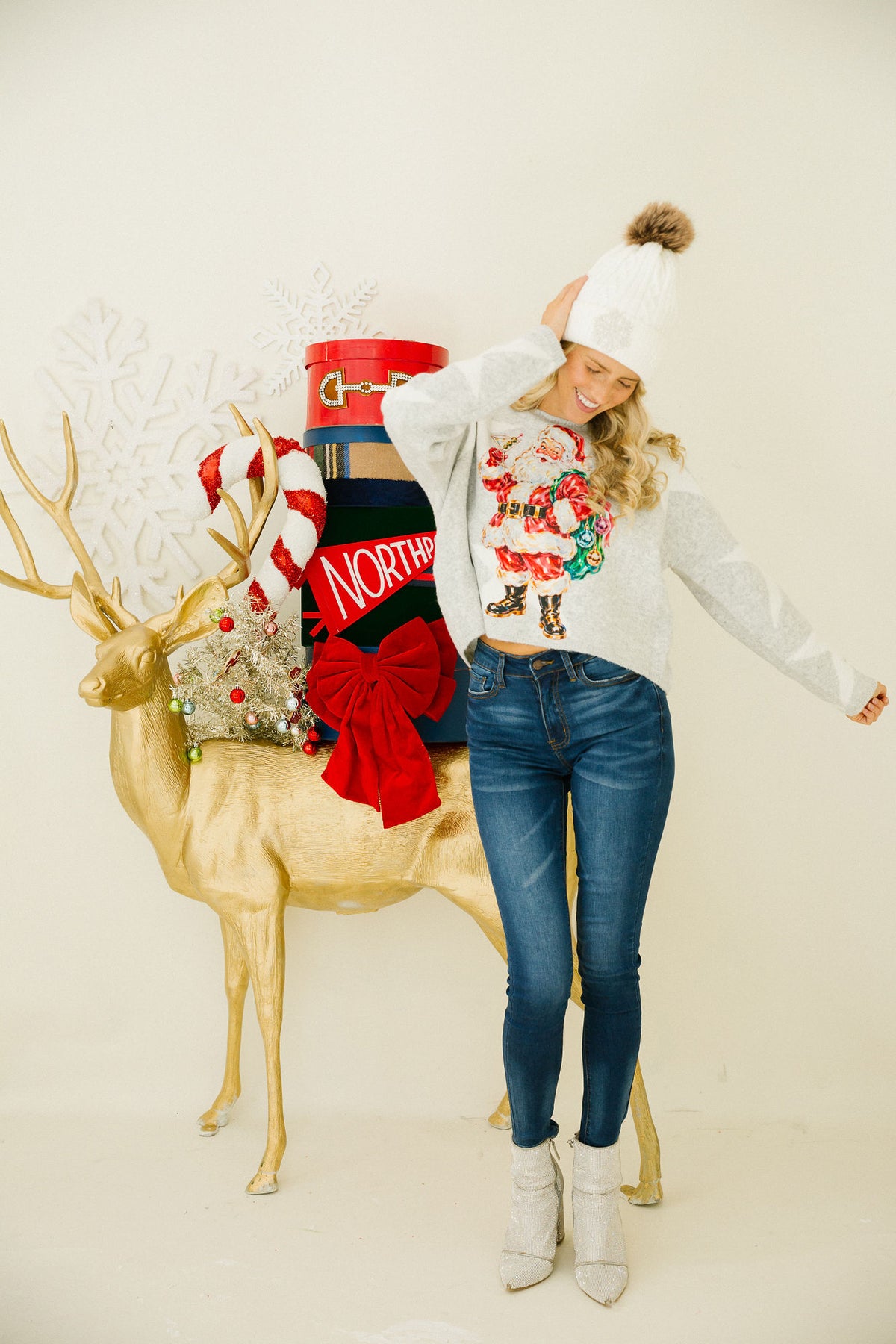 SANTA CLAUS SIPS GREY STAR SWEATER PULLOVER Judith March