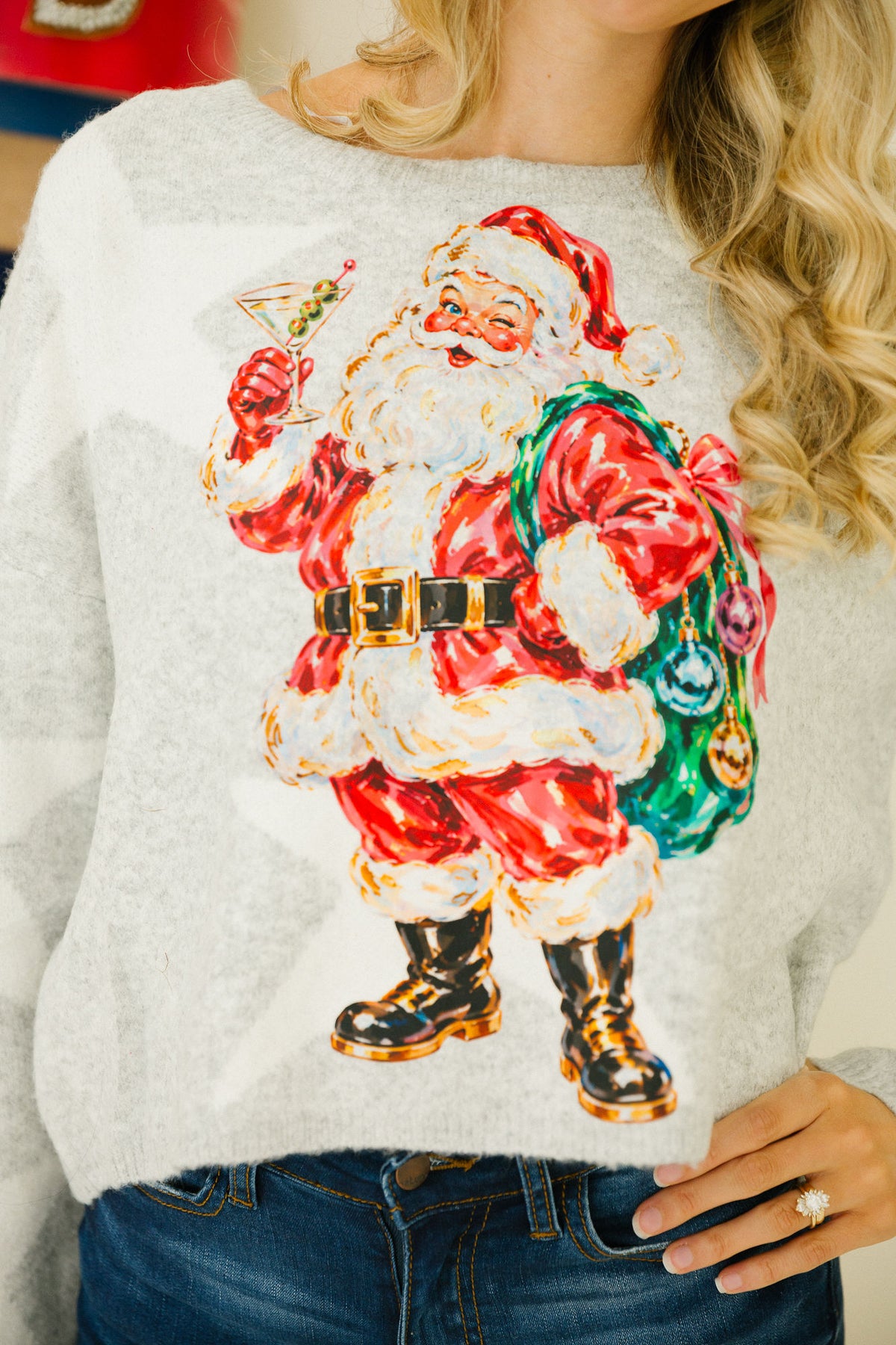 SANTA CLAUS SIPS GREY STAR SWEATER PULLOVER Judith March