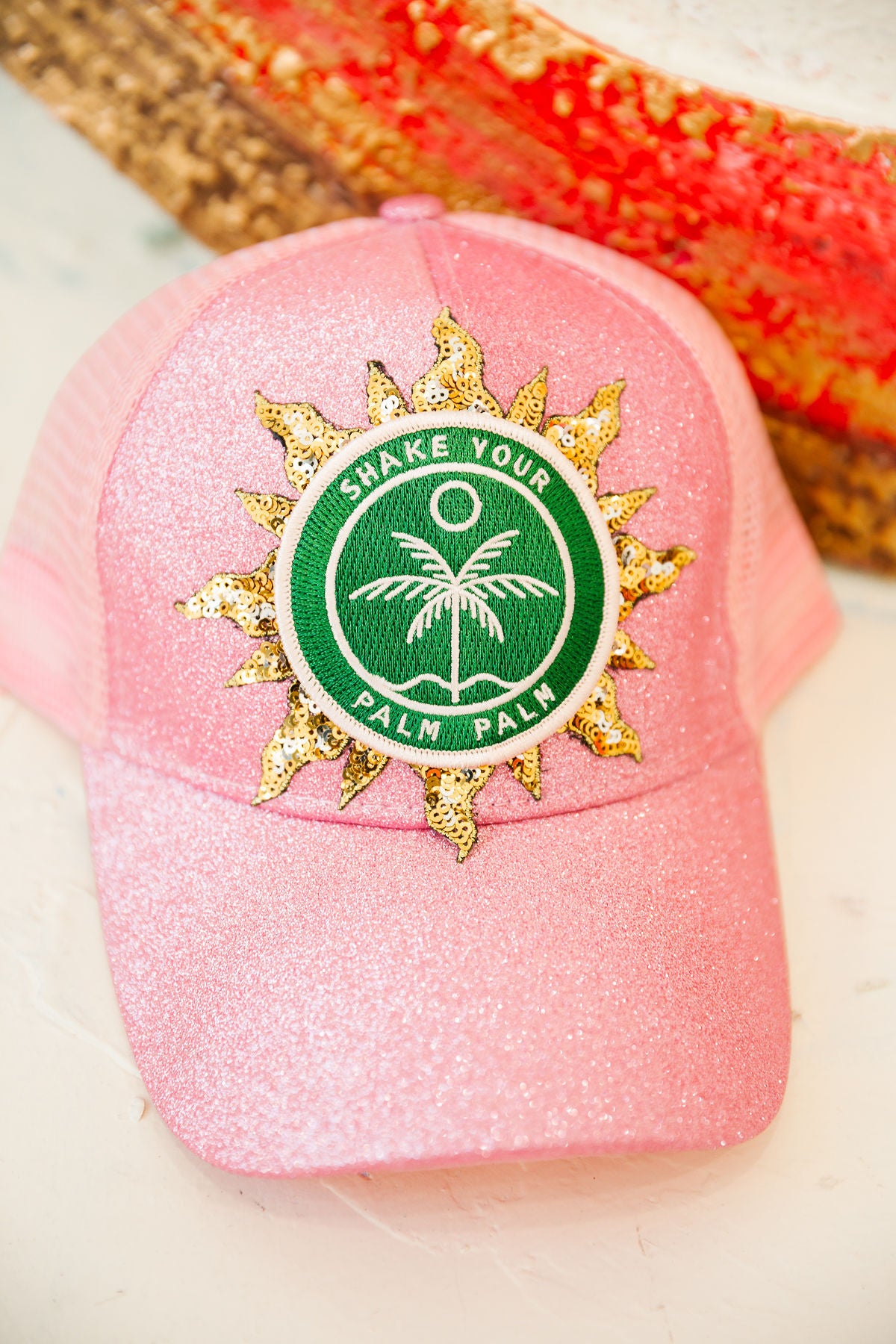 SHAKE YOUR PALM PALM PINK GLITTER HAT TRUCKER HAT Judith March