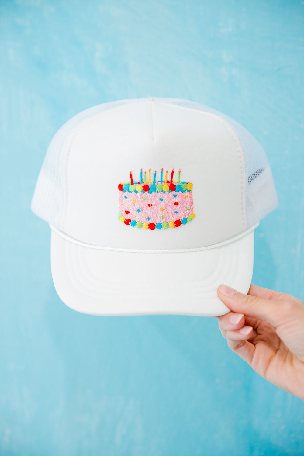 **MINI KIDS BIRTHDAY CAKE WHITE TRUCKER HAT HAT Judith March