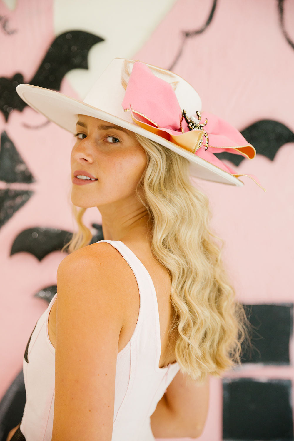 PINK WIDOW WHITE RANCHER HAT TRUCKER HAT Judith March
