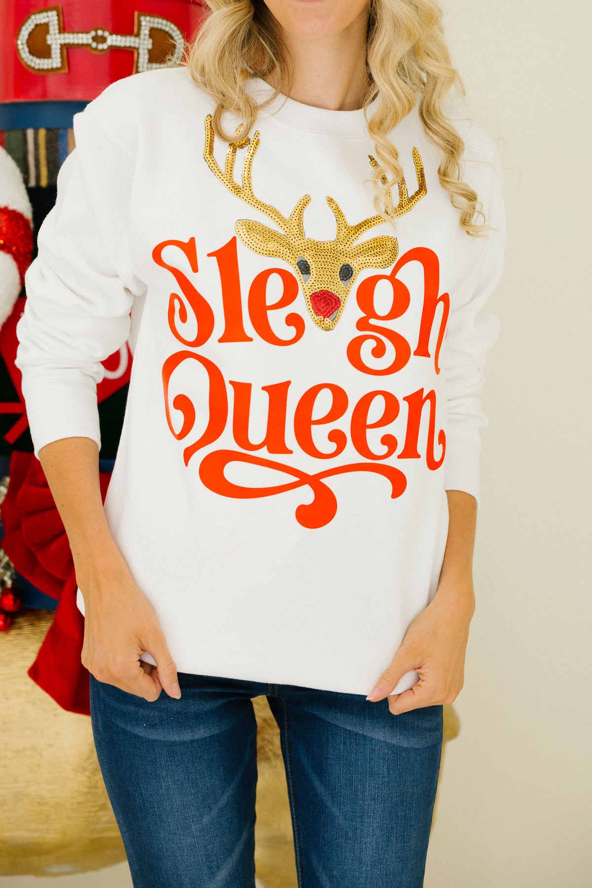 SLEIGH QUEEN REINDEER WHITE PULLOVER PULLOVER Judith March