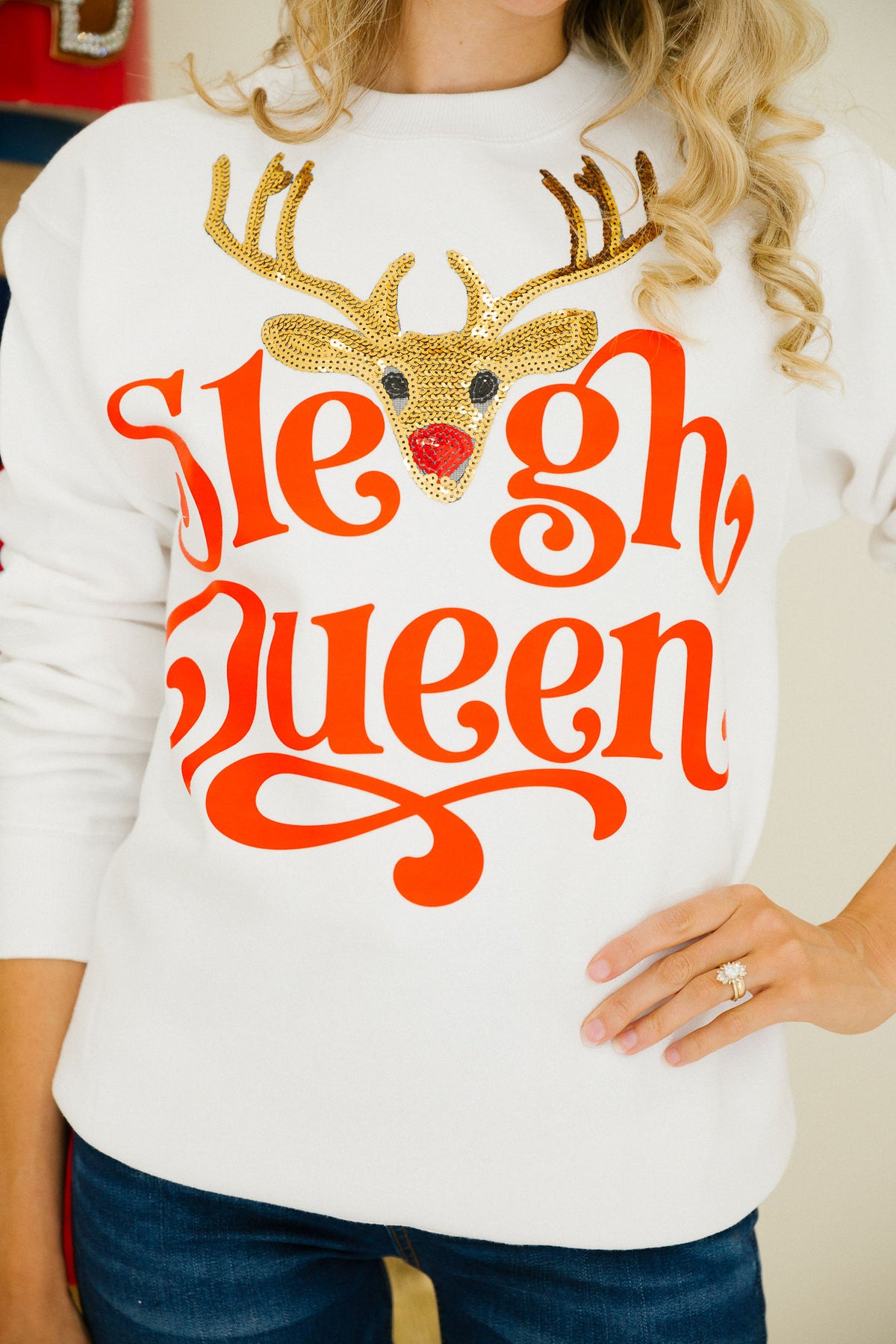 SLEIGH QUEEN REINDEER WHITE PULLOVER PULLOVER Judith March