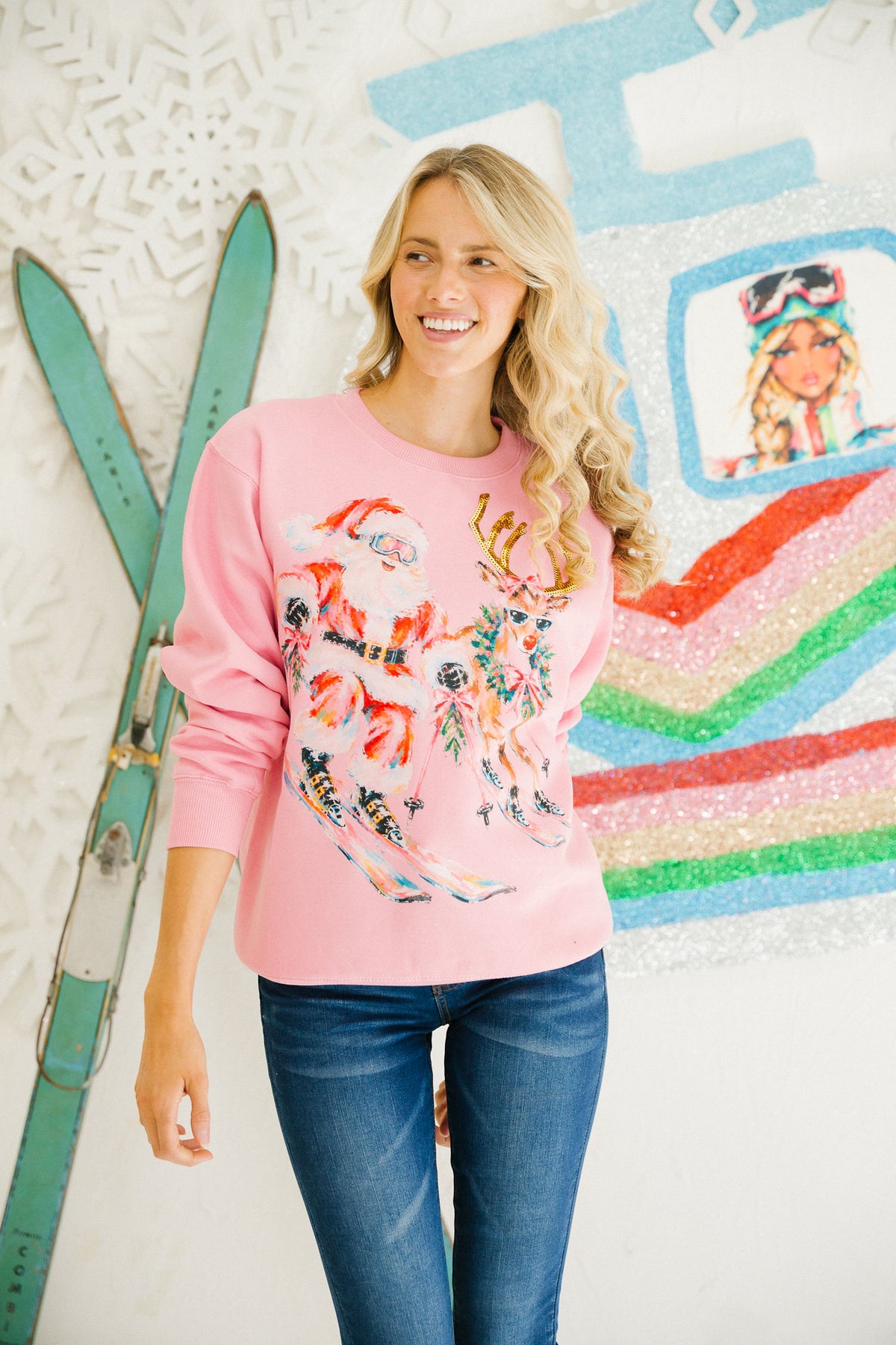 SANTA HITS THE SLOPES PINK PULLOVER PULLOVER Judith March