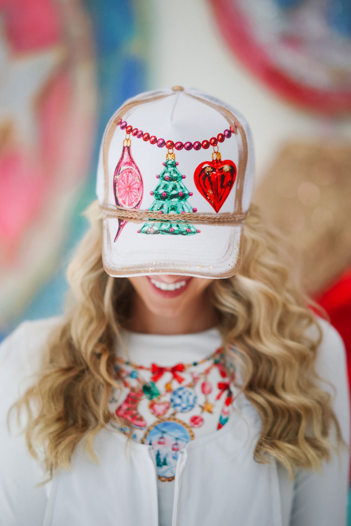 DECK THE HALLS WHITE TRUCKER HAT TRUCKER HAT Judith March