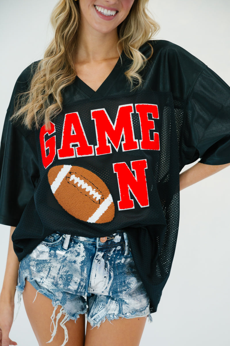 GAME ON BLACK JERSEY WITH RED VARSITY (PRE-ORDER) gameday23 Judith March S/M