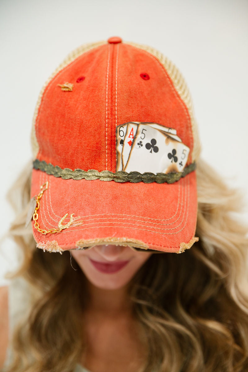WILD CARD RED DISTRESSED HAT TRUCKER HAT Judith March   