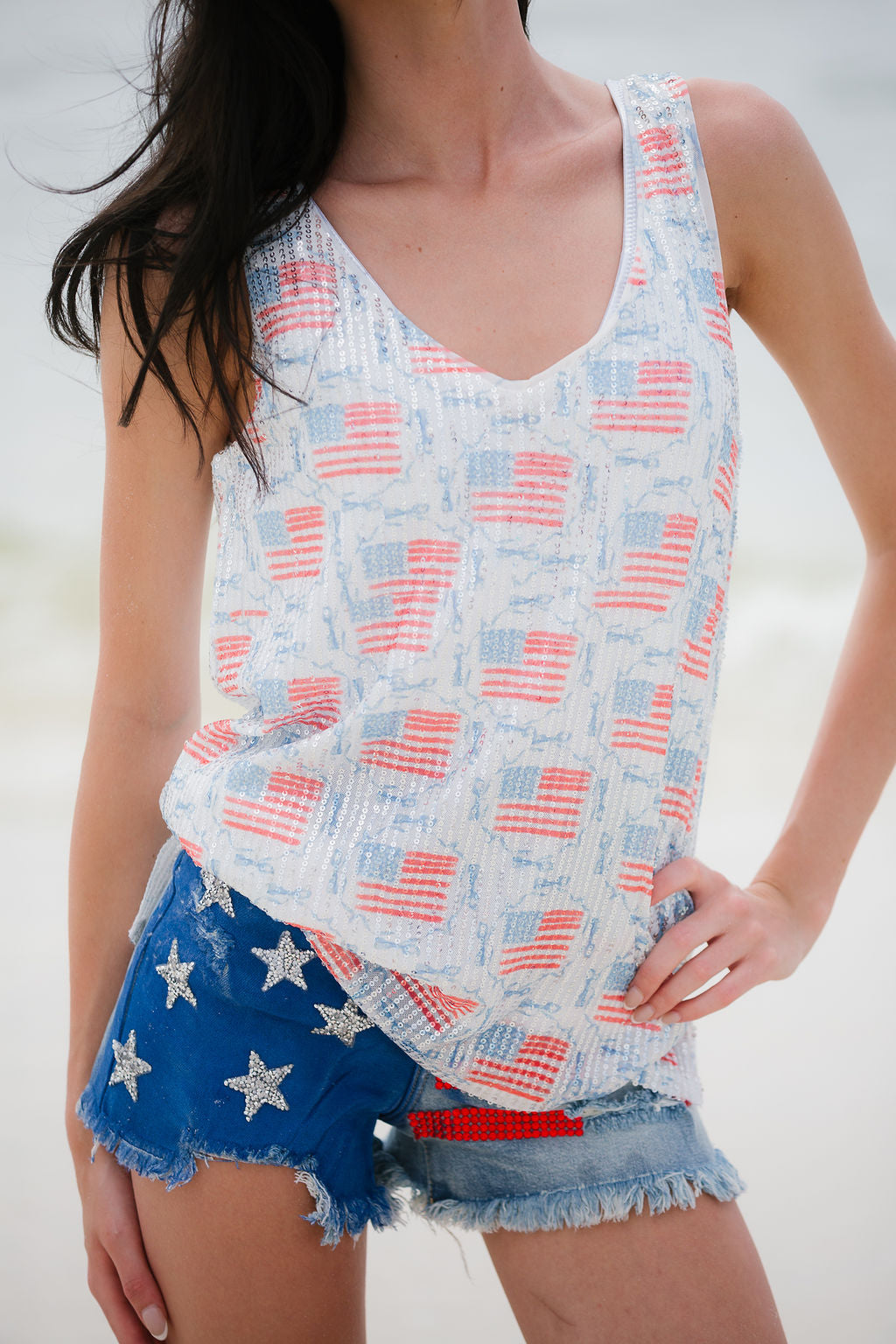 RED WHITE AND BOWS SEQUIN TANK TANK Judith March