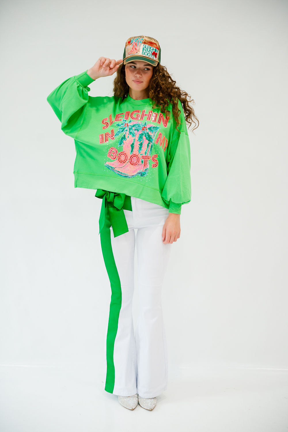 SLEIGHIN IN MY BOOTS GREEN PULLOVER PULLOVER Judith March
