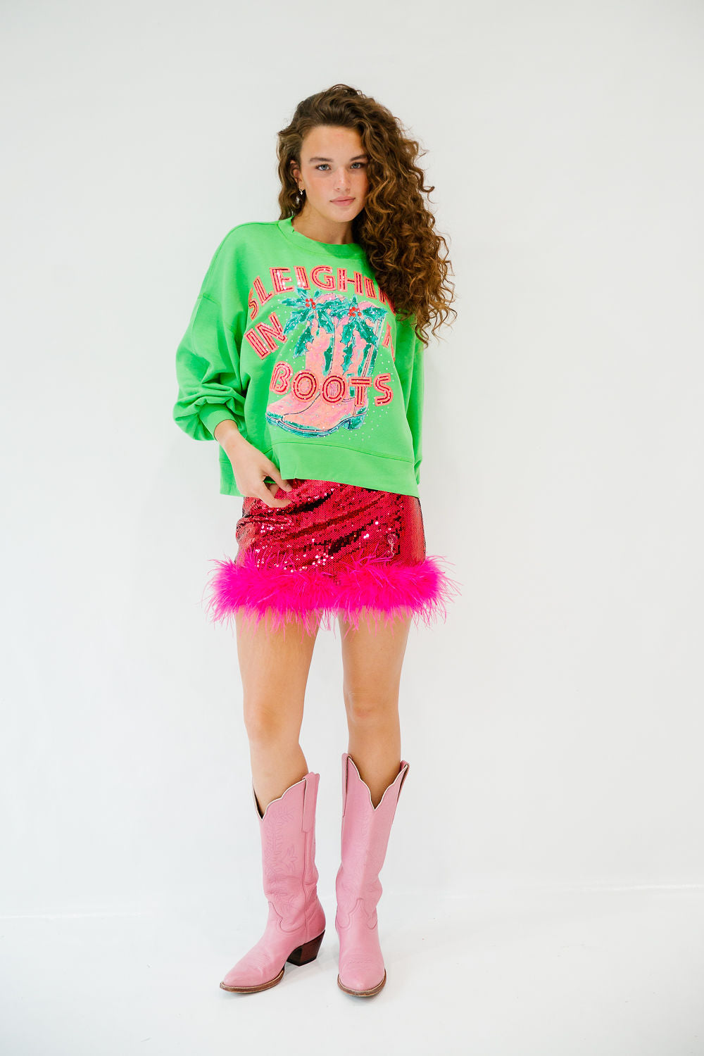 SLEIGHIN IN MY BOOTS GREEN PULLOVER PULLOVER Judith March