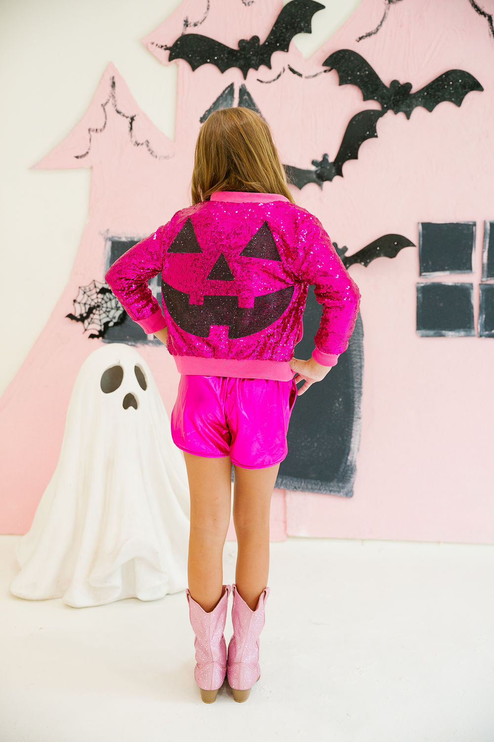 MINI KIDS PUMPKIN FACE PINK SEQUIN JACKET PULLOVER Judith March