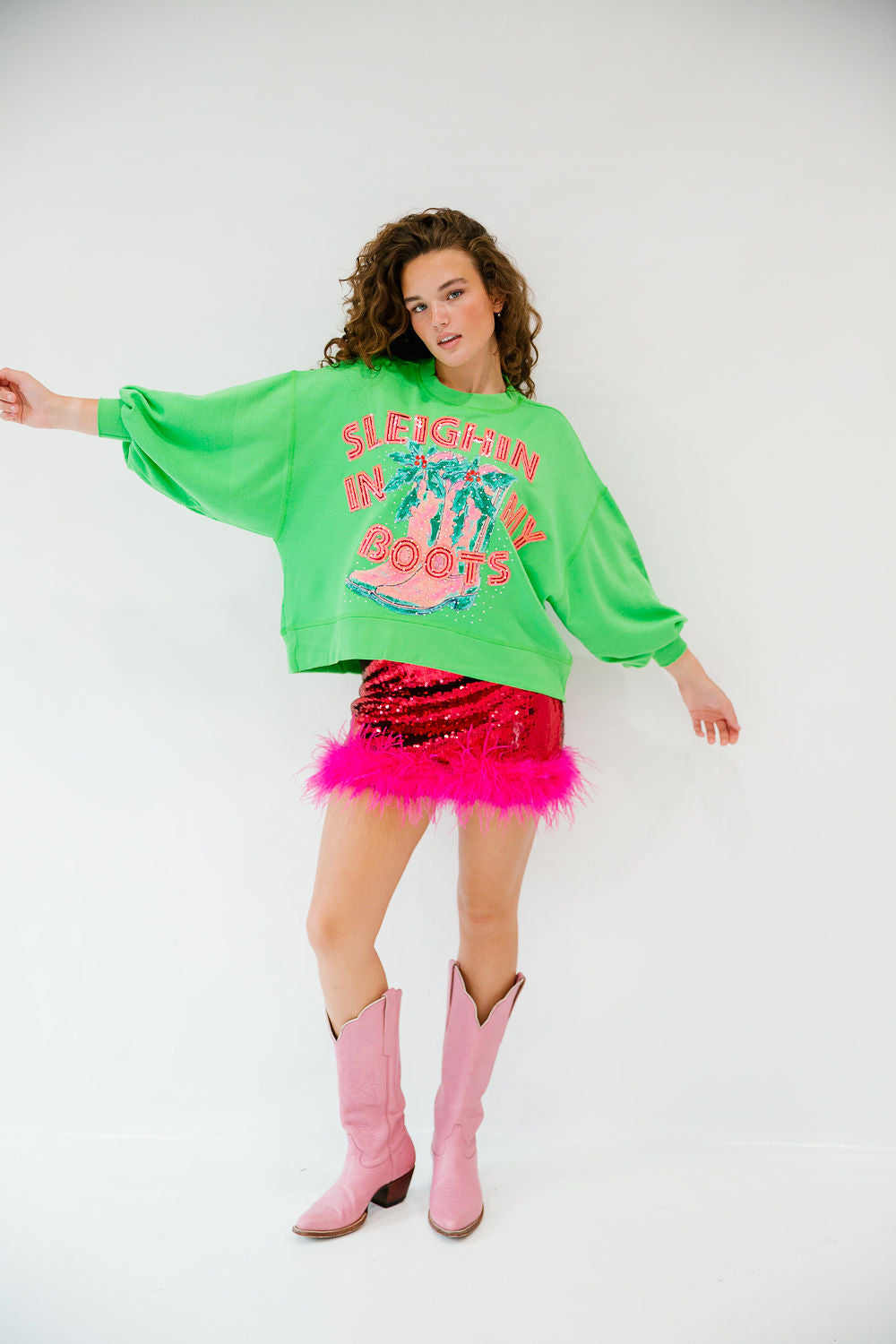 SLEIGHIN IN MY BOOTS GREEN PULLOVER PULLOVER Judith March