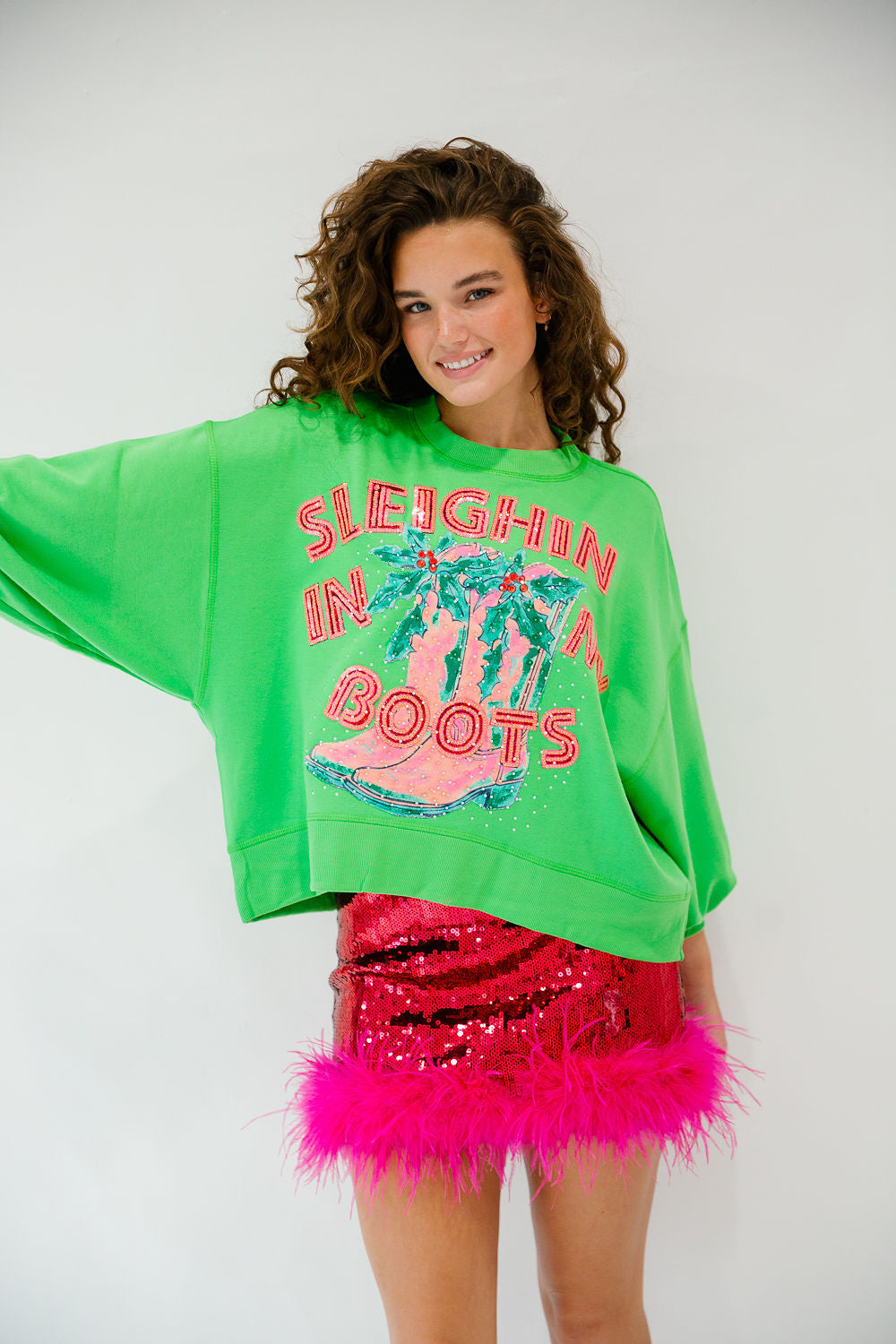 SLEIGHIN IN MY BOOTS GREEN PULLOVER PULLOVER Judith March
