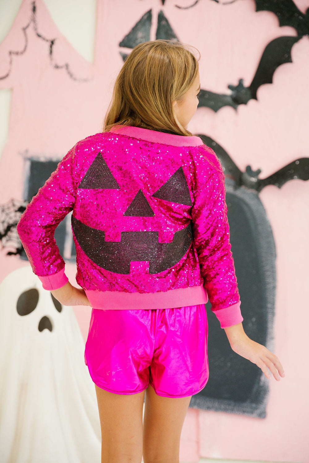 MINI KIDS PUMPKIN FACE PINK SEQUIN JACKET PULLOVER Judith March
