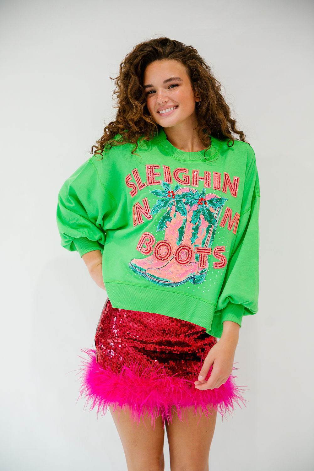 SLEIGHIN IN MY BOOTS GREEN PULLOVER PULLOVER Judith March
