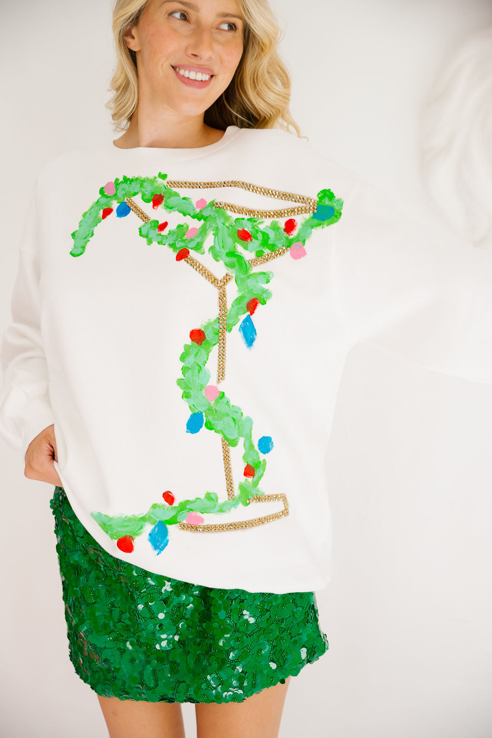 CHRISTMAS COCKTAIL HAND PAINTED CREAM PULLOVER PULLOVER Judith March