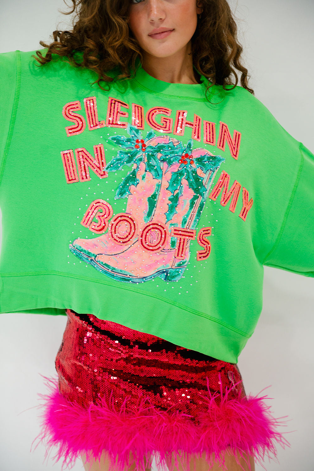 SLEIGHIN IN MY BOOTS GREEN PULLOVER PULLOVER Judith March