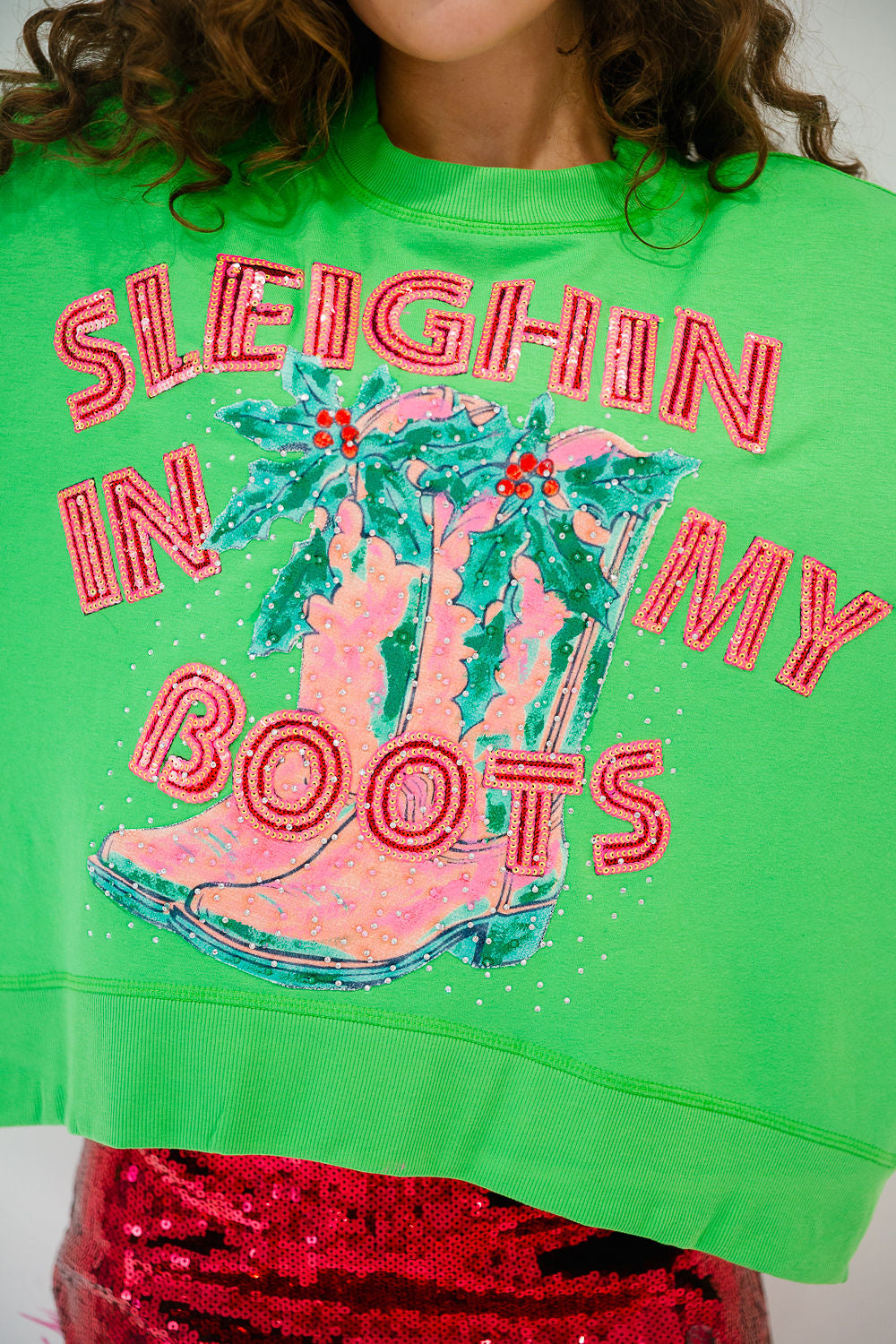 SLEIGHIN IN MY BOOTS GREEN PULLOVER PULLOVER Judith March