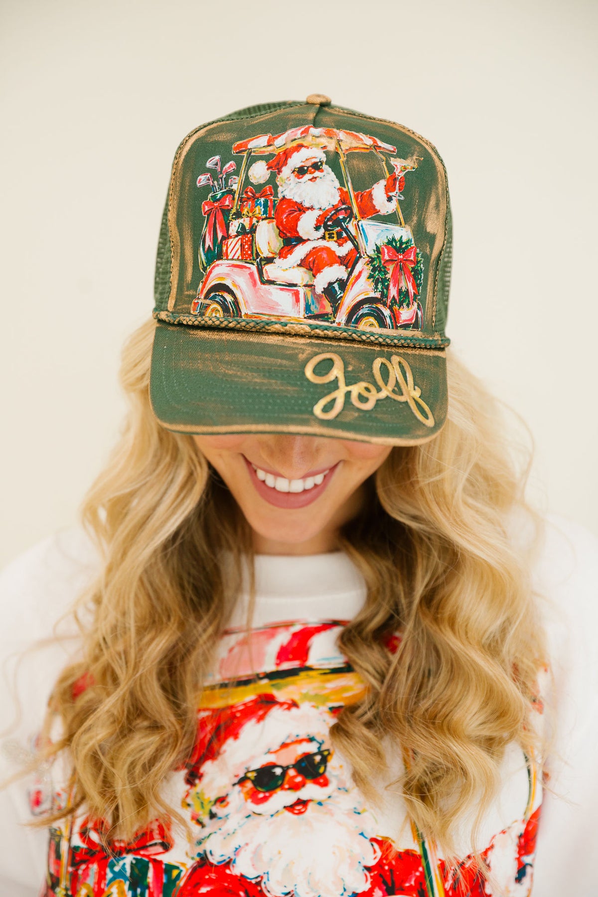 CHRISTMAS ON THE COURSE GREEN STRUCTURED HAT TRUCKER HAT Judith March