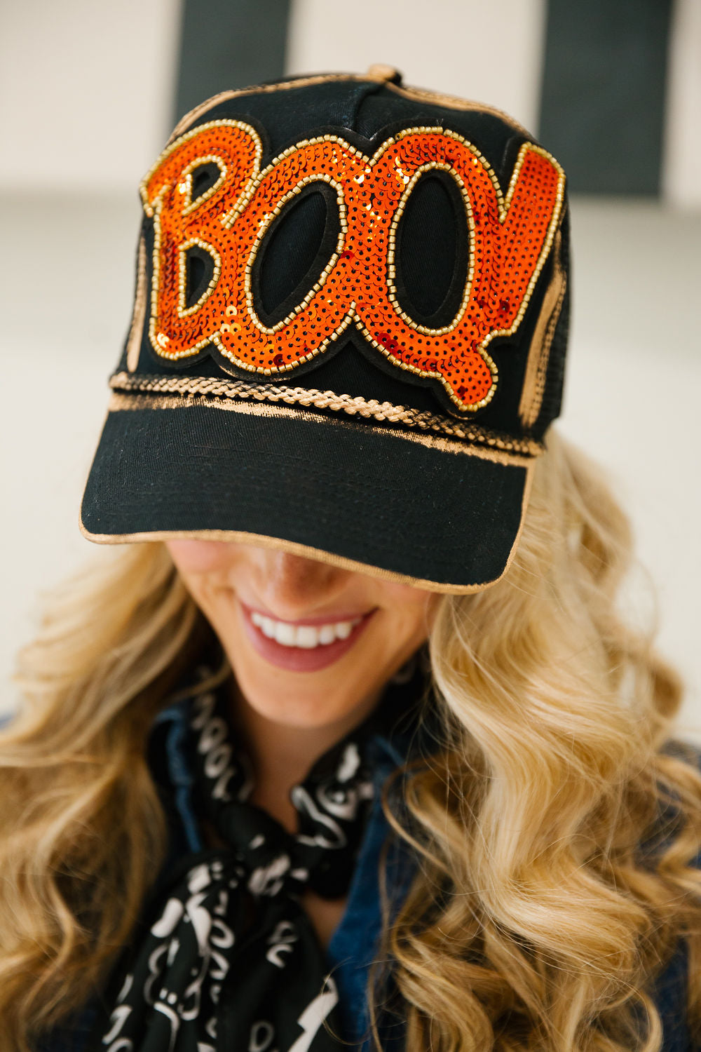 BOO SEQUIN BLACK TRUCKER HAT TRUCKER HAT Judith March