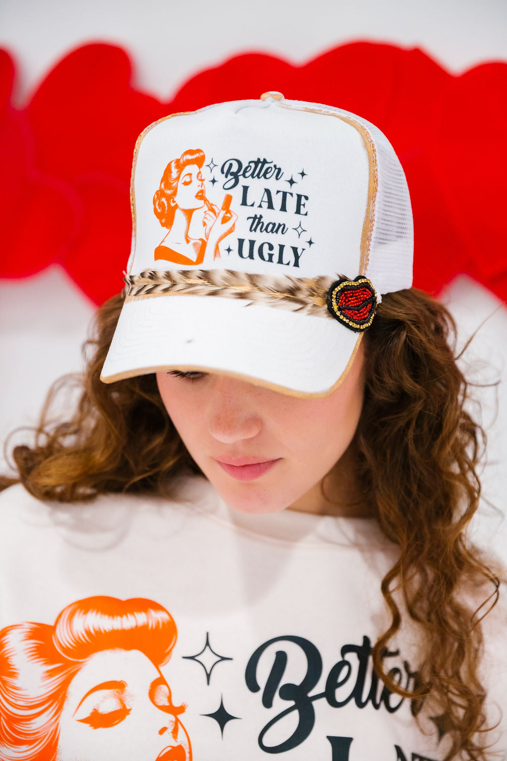 BETTER LATE THAN UGLY WHITE TRUCKER HAT TRUCKER HAT Judith March