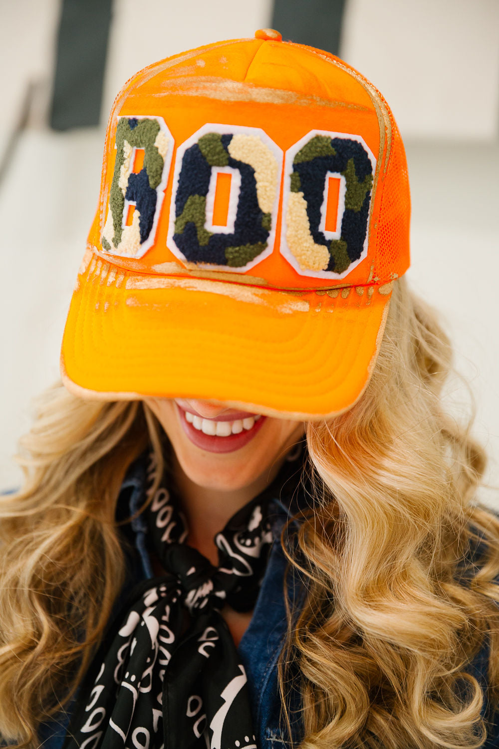 CAMO BOO ORANGE TRUCKER HAT TRUCKER HAT Judith March