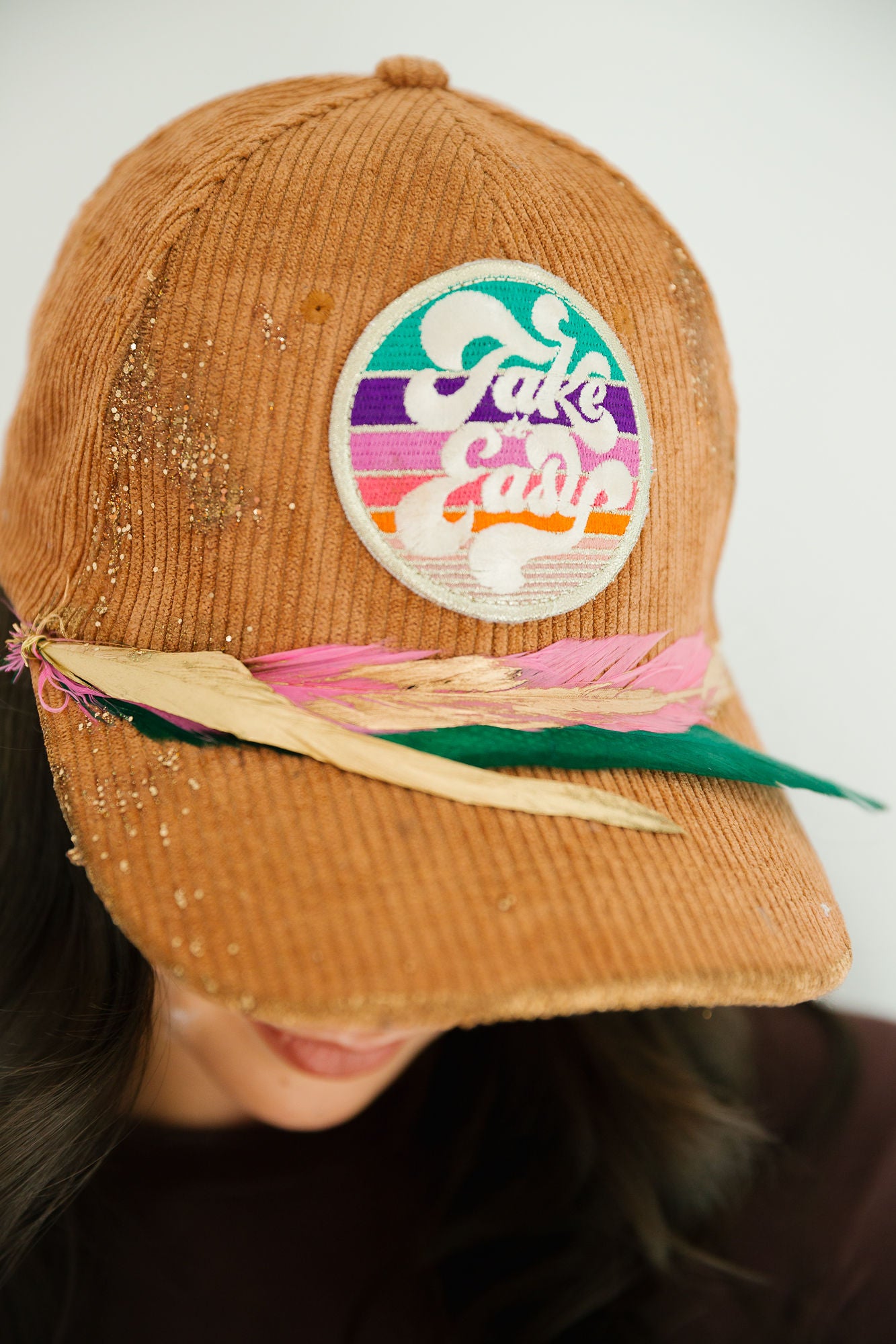 TAKE IT EASY MOCHA CORDUROY HAT TRUCKER HAT Judith March