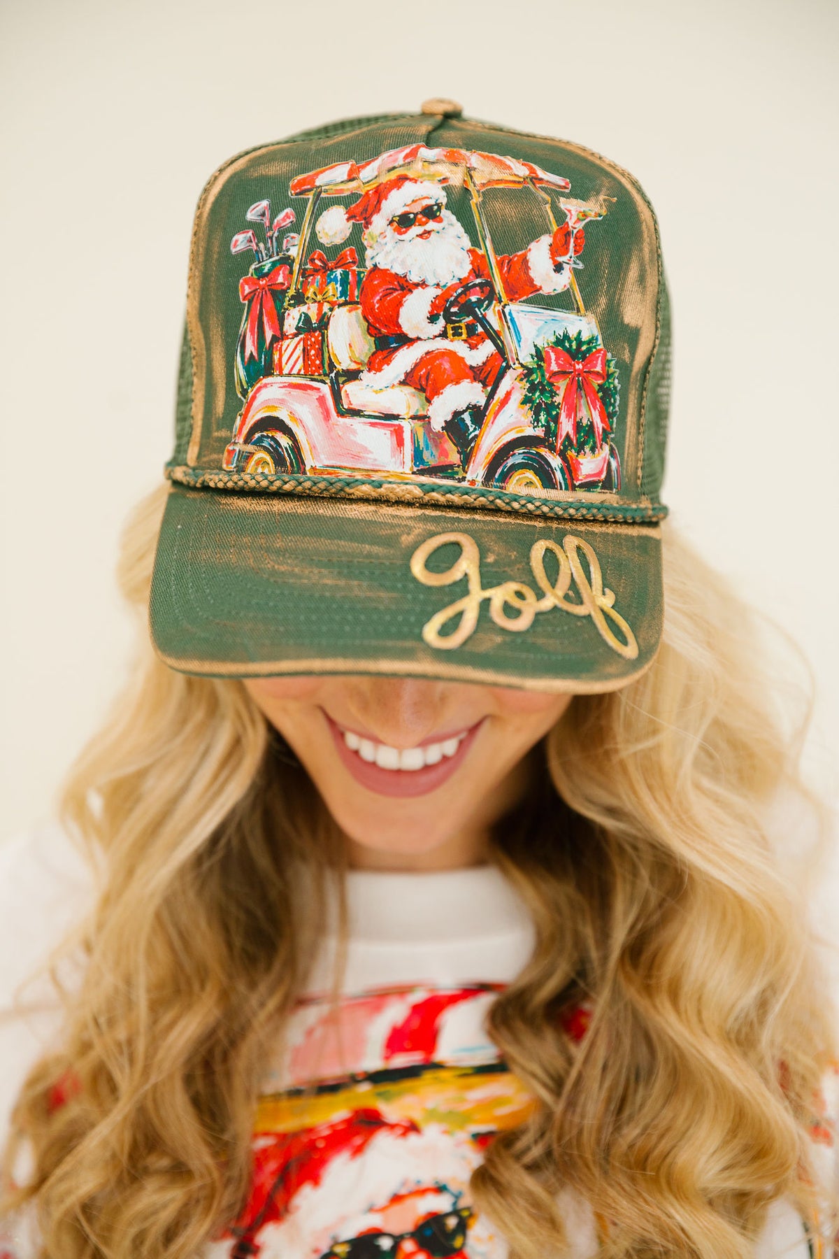 CHRISTMAS ON THE COURSE GREEN STRUCTURED HAT TRUCKER HAT Judith March
