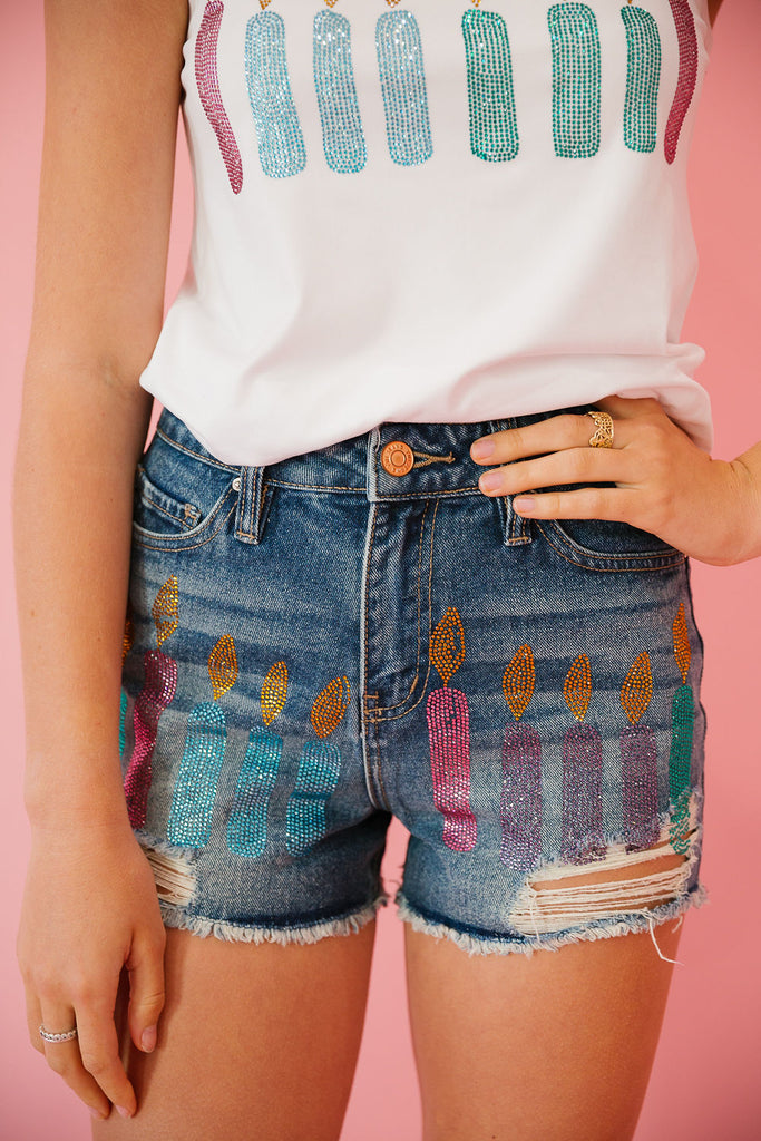 BIRTHDAY CANDLES DENIM SHORTS