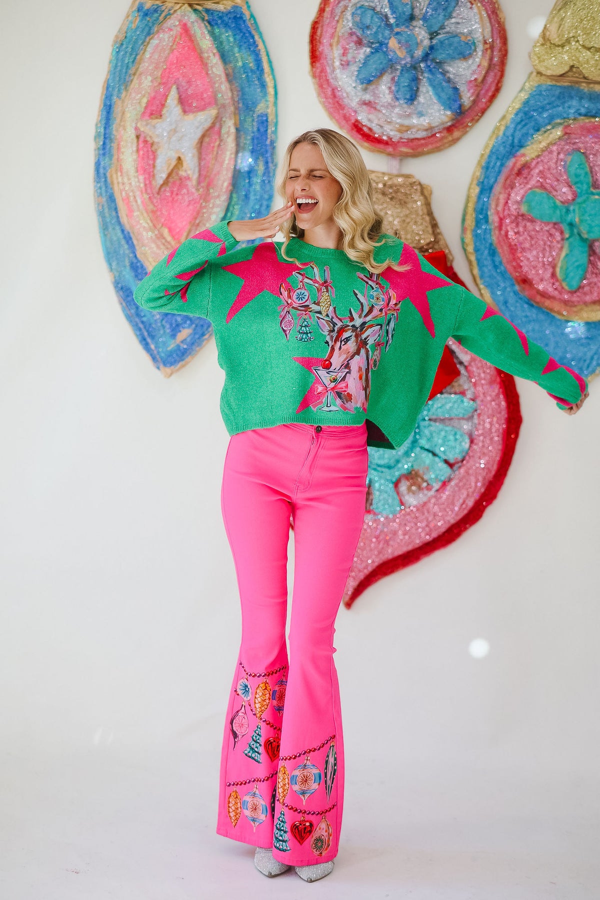 MERRY MARTINI REINDEER GREEN STAR SWEATER PULLOVER Judith March
