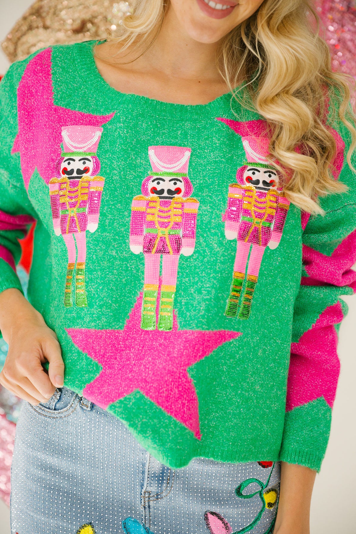 PINK SEQUIN NUTCRACKER GREEN STAR SWEATER PULLOVER Judith March