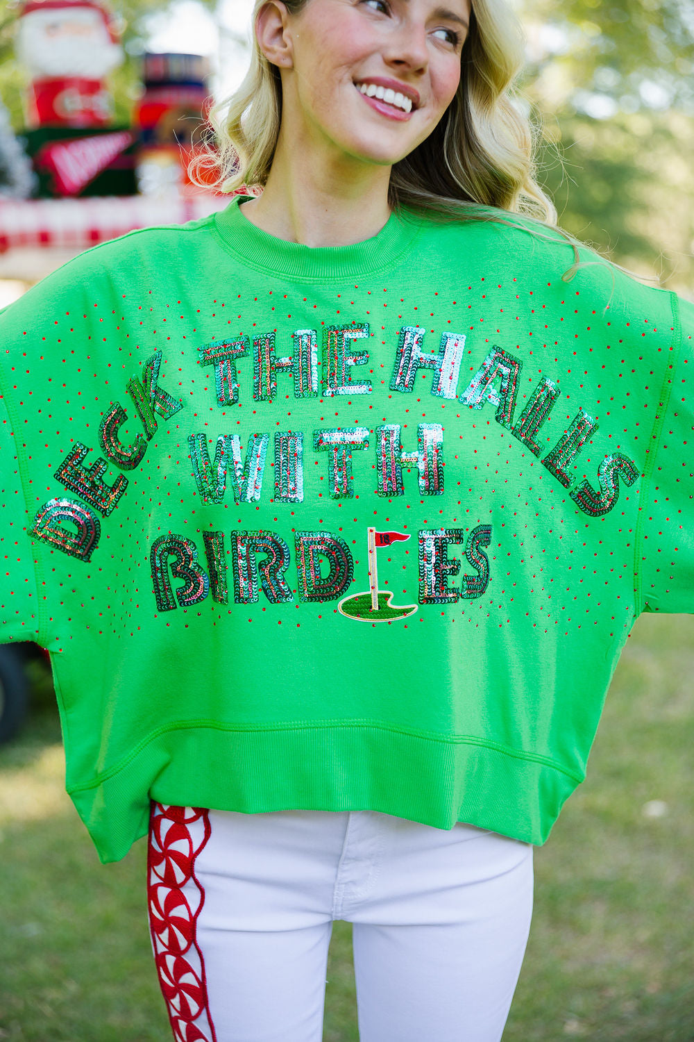 DECK THE HALLS WITH BIRDIES GREEN PULLOVER PULLOVER Judith March