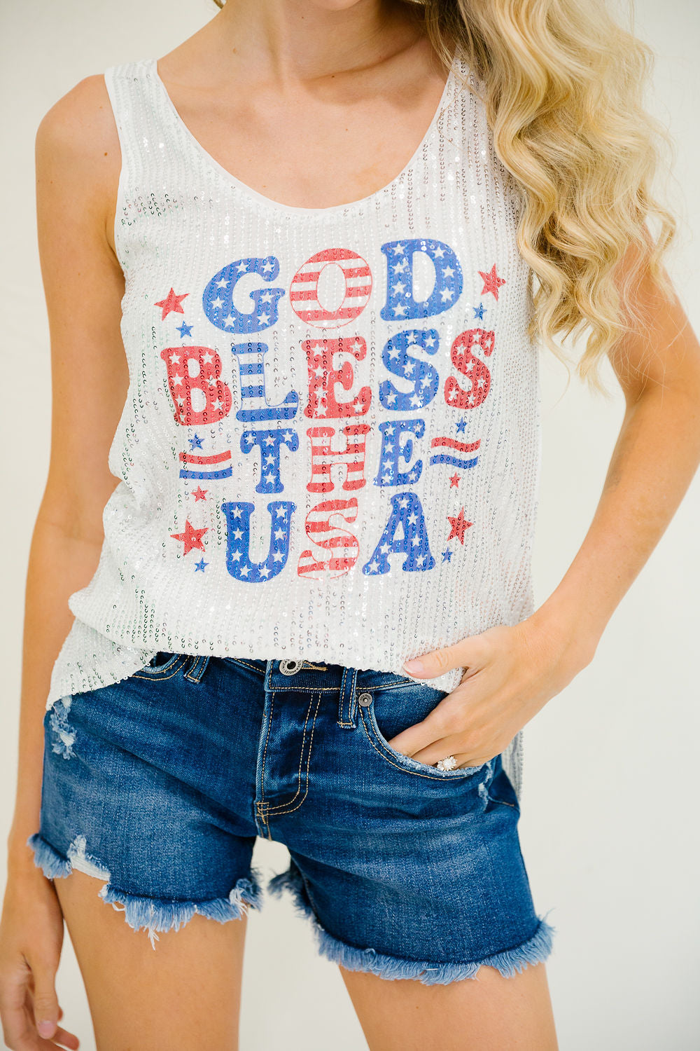 GOD BLESS THE USA SILVER SEQUIN TANK TANK Judith March