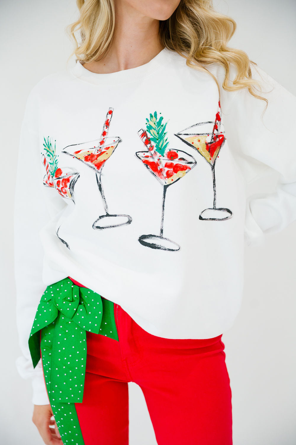 CHRISTMAS COSMOS HAND PAINTED WHITE PULLOVER PULLOVER Judith March