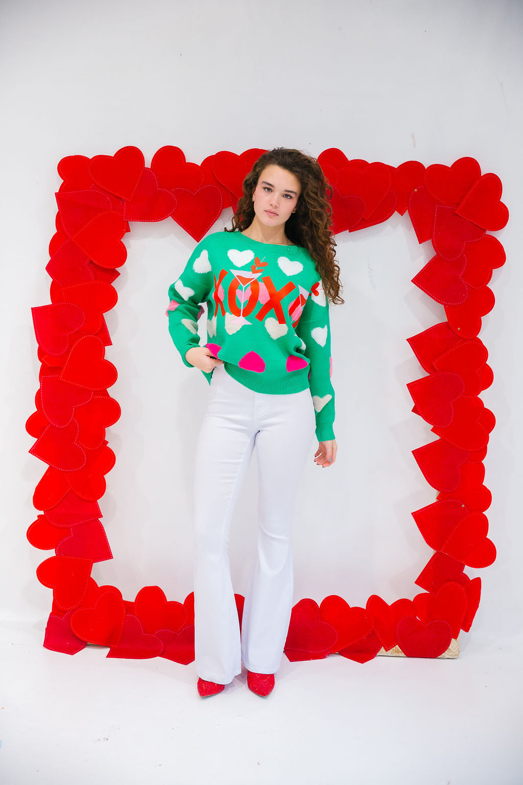 XOXO GREEN HEART SWEATER